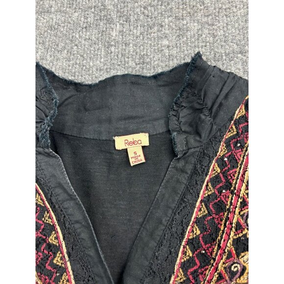 Reba Blouse Women's Small Black Multi Lace Trim Button Up 3/4 Roll Tab Sleeve - Picture 2 of 8